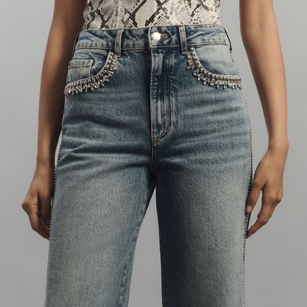 The Austyn High-Rise Wide-Leg Jeans: Rhinestone Embellished Edition 25P NWOT